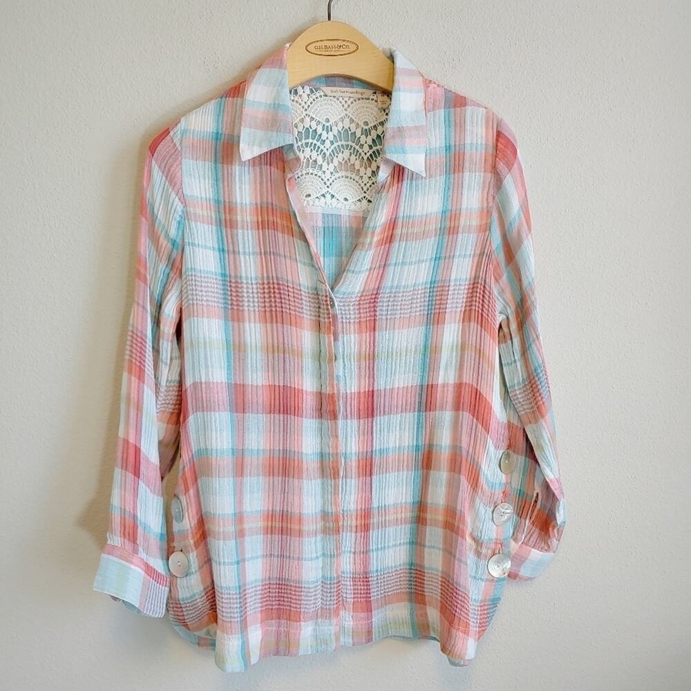 Soft Surroundings Lani Shores Plaid Button-Down Shirt Sz PS